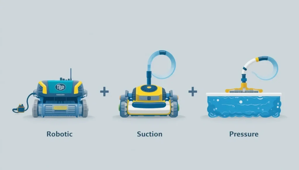 Diagrama ilustrando os três principais tipos de limpadores automáticos de piscina: o robótico elétrico, o de sucção conectado ao skimmer, e o de pressão conectado ao retorno de água.