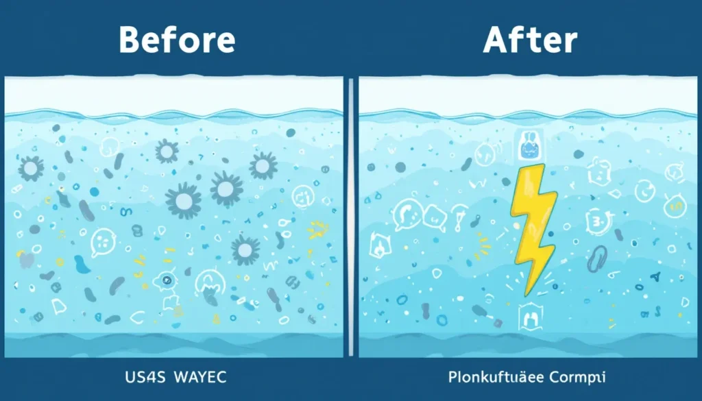 Como Se Livrar de Minhocas na Sua Piscina: Um Guia Completo Ilustração mostrando a água da piscina contaminada antes e purificada depois da supercloração, ou tratamento de choque.