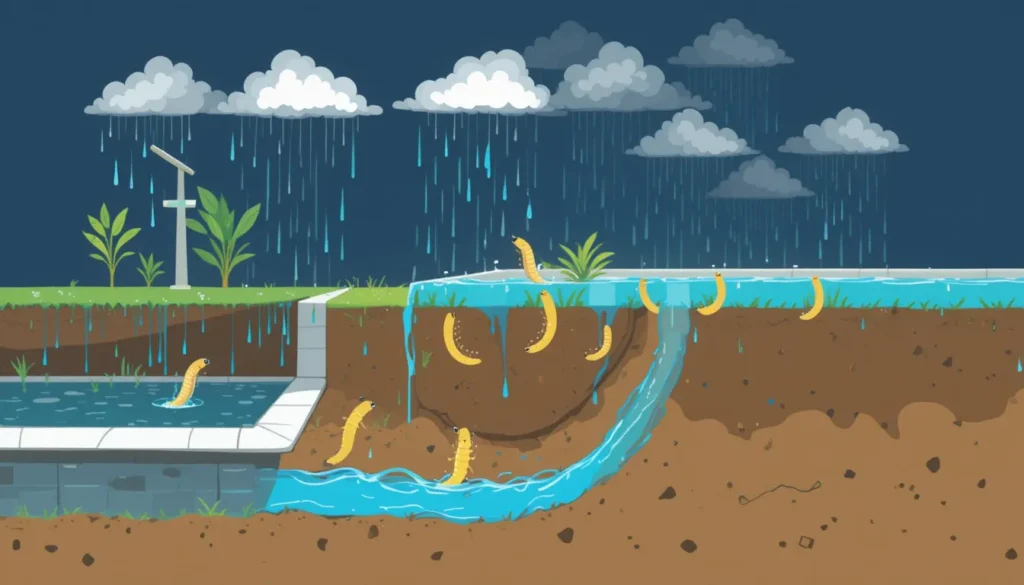 Como Se Livrar de Minhocas na Sua Piscina: Um Guia Completo Diagrama mostrando minhocas saindo do solo encharcado de chuva e caindo em uma piscina.