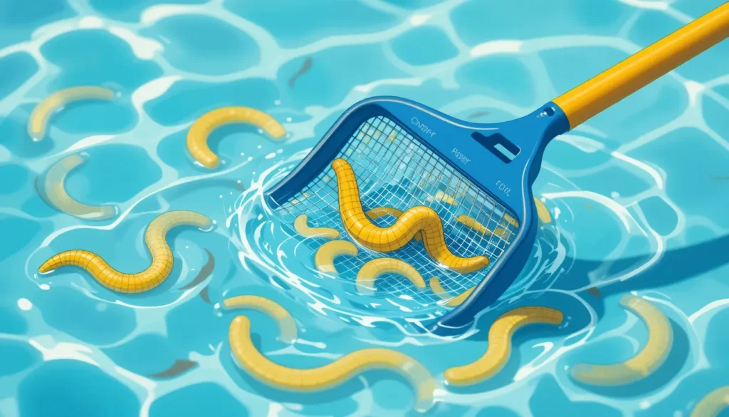 Como Se Livrar de Minhocas na Sua Piscina: Um Guia Completo Ilustração mostrando o uso de uma peneira cata-folhas para remover minhocas da superfície da água da piscina.