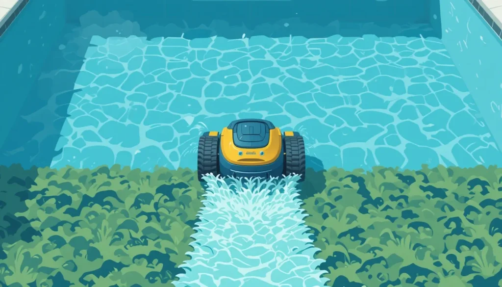 O Guia Definitivo: Os 5 Melhores Robôs Aspiradores de Piscina em 2025 (Análise Completa) Ilustração de um robô aspirador limpando o fundo de uma piscina, removendo eficientemente a camada de algas mortas após um tratamento de choque.