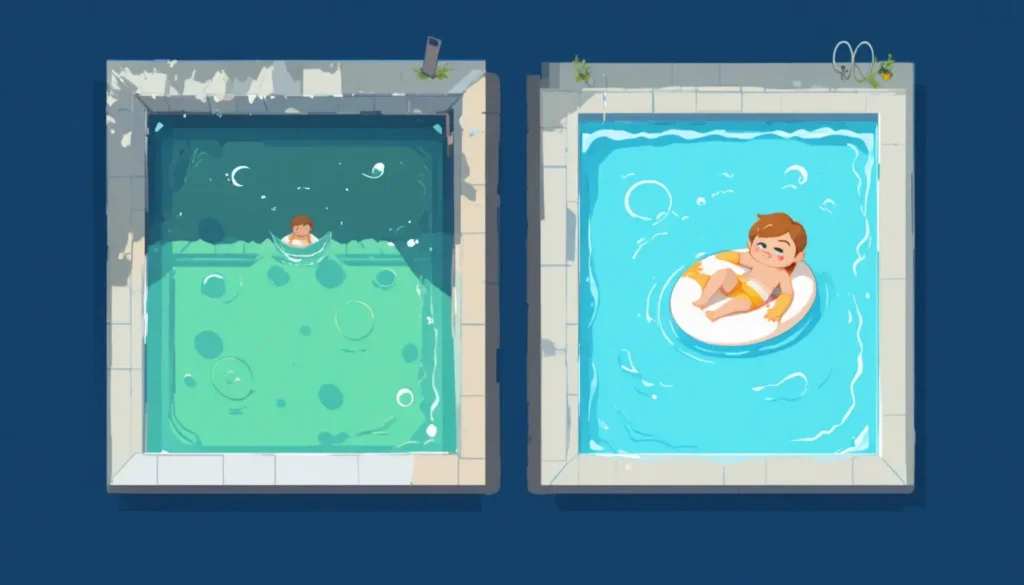 Ilustração comparativa mostrando uma piscina verde e suja de um lado e uma piscina limpa e cristalina do outro, destacando a transformação proporcionada pelo tratamento correto.