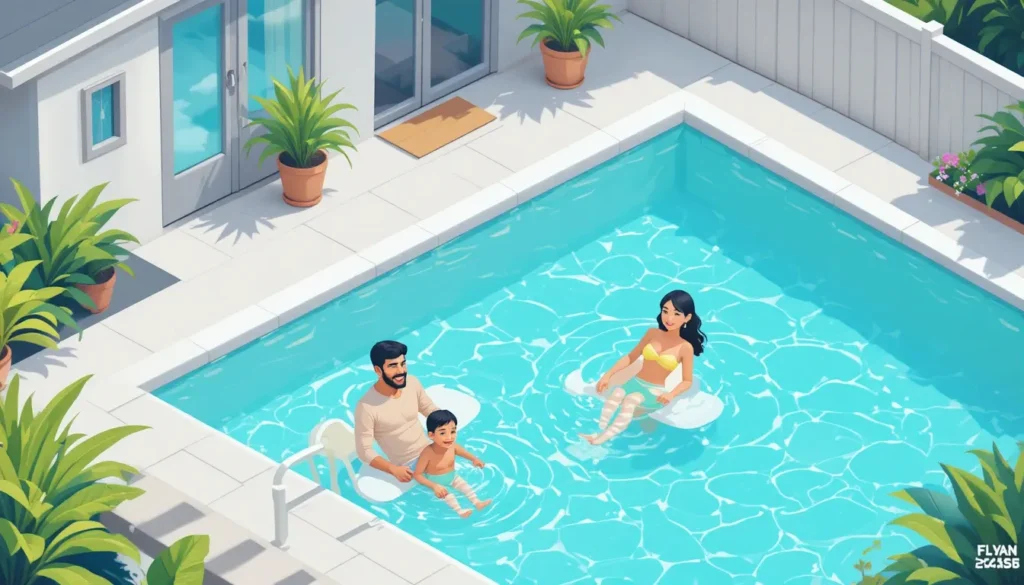 Ilustração de uma família feliz ao redor de uma piscina limpa e bem cuidada, representando os benefícios de um tratamento de piscina adequado.
