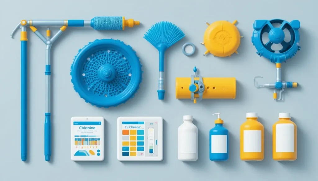 Ilustração em flat lay mostrando as ferramentas essenciais para o tratamento de piscina: cabo telescópico, peneira, escova, aspirador, flutuador, kit de teste e produtos químicos.