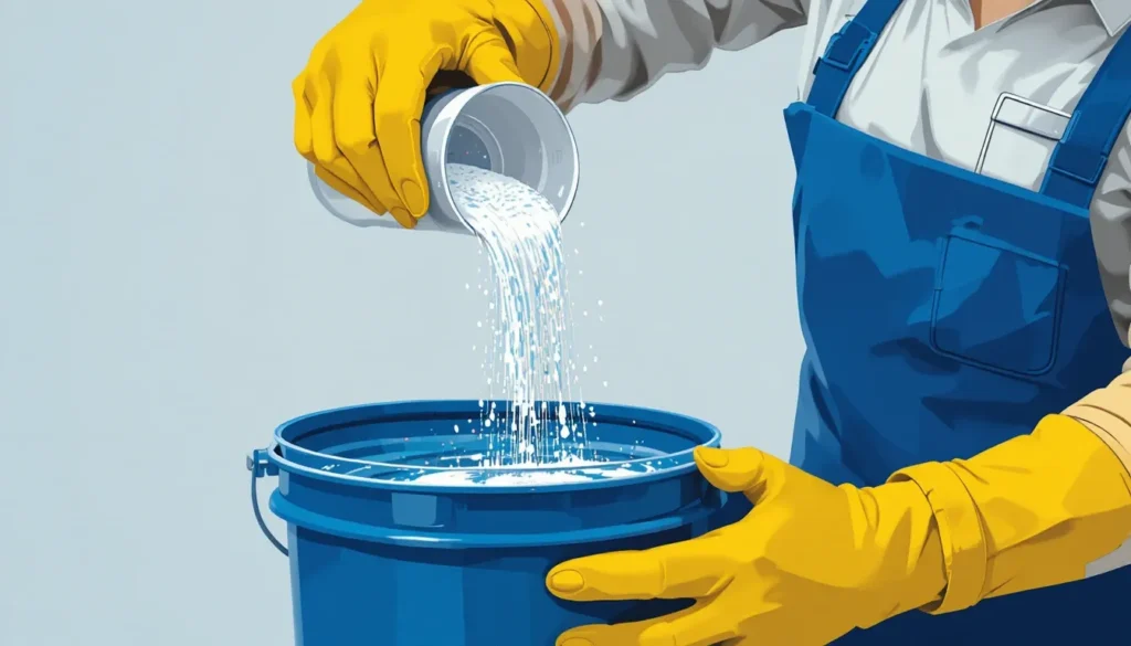 Ilustração mostrando uma pessoa usando luvas de proteção e óculos de segurança ao diluir produtos químicos em um balde com água, enfatizando a importância dos EPIs.