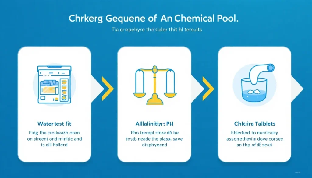 Infográfico mostrando a sequência correta do tratamento químico: primeiro, a análise da água; segundo, o equilíbrio de alcalinidade e pH; terceiro, a desinfecção com cloro.