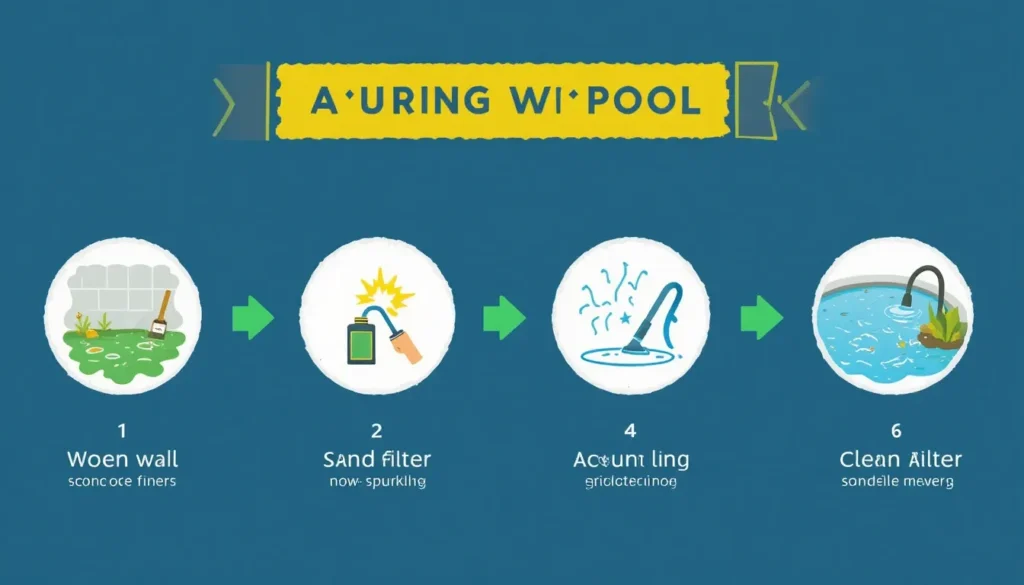 Infográfico mostrando os passos para tratar uma piscina verde: escovação, tratamento de choque, filtração contínua e aspiração do fundo para recuperar a água cristalina.