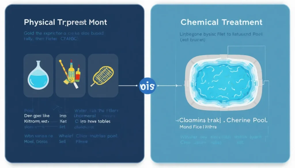 Infográfico mostrando os dois pilares do tratamento de piscina: o físico, com ícones de filtro, escova e peneira, e o químico, com ícones de kit de teste, produtos e cloro.