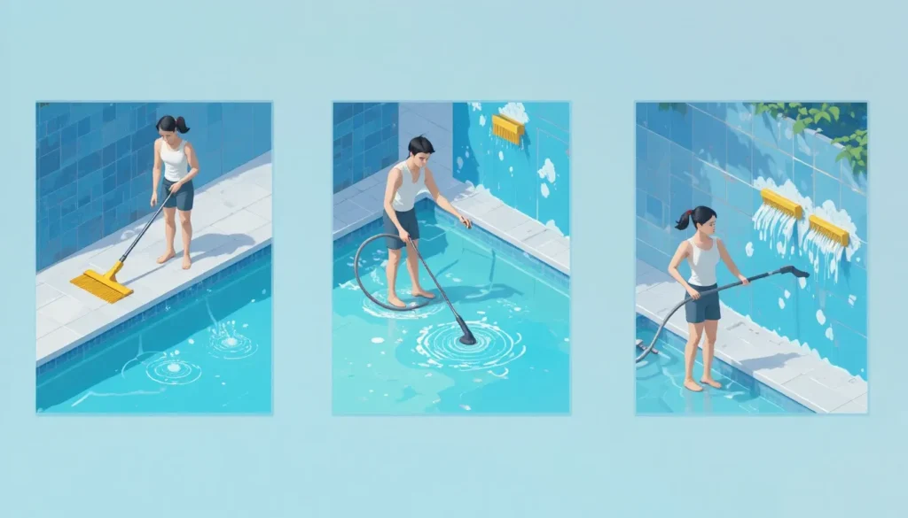Ilustração mostrando uma pessoa realizando a limpeza física da piscina em três etapas: peneirando a superfície, escovando as paredes e aspirando o fundo.